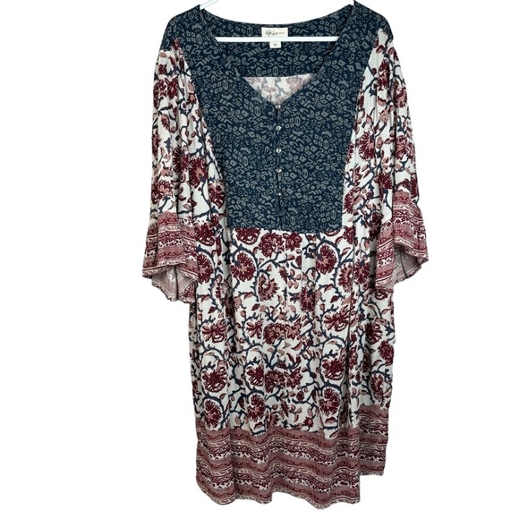New Style & Co. Boho MIDI Length Dress Navy & Burgandy Plus Size 1X NWOT - Picture 3 of 14